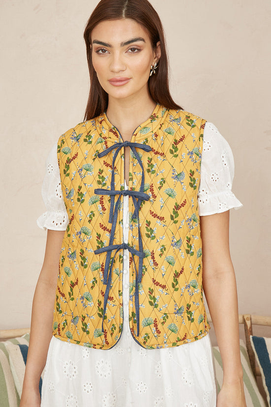 Yumi Blue Chambray Cotton Quilted Reversible Vest - QHA UK