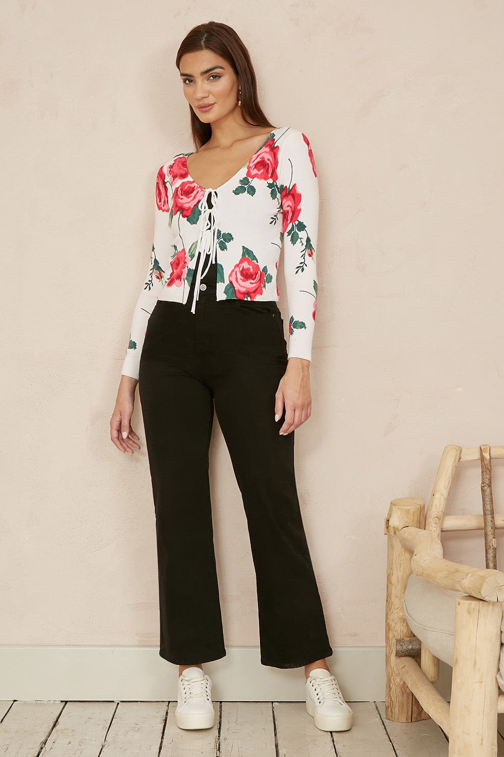 Yumi White Rose Print Cardigan With Tie Front - QHA UK