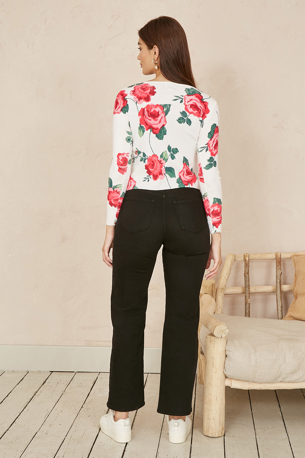 Yumi White Rose Print Cardigan With Tie Front - QHA UK