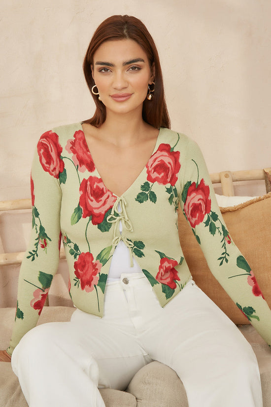 Yumi Green Rose Print Cardigan With Tie Front - QHA UK