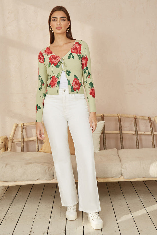 Yumi Green Rose Print Cardigan With Tie Front - QHA UK