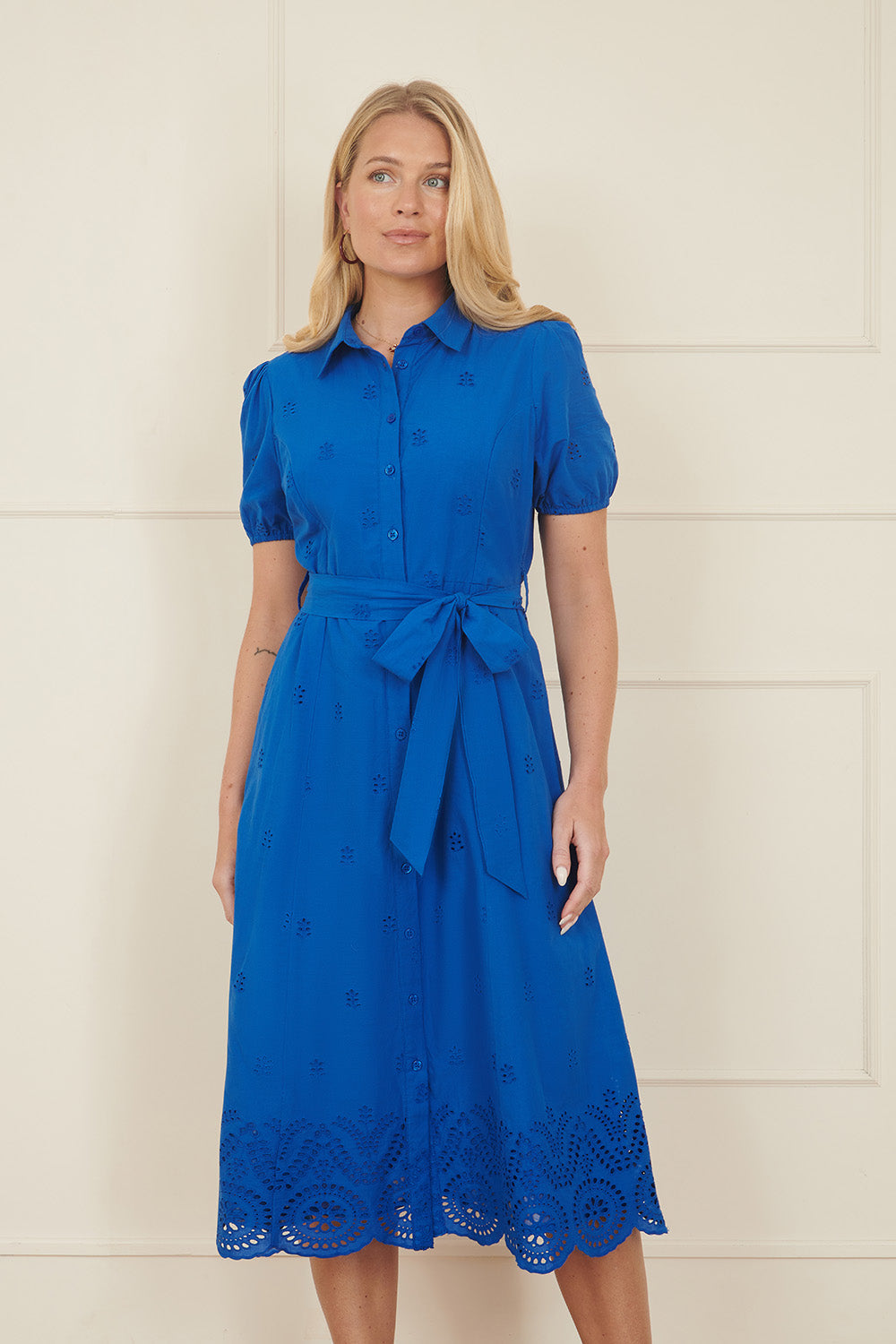Yumi Blue Cotton Shirt Midi Dress With Cut Out Details - QHA UK