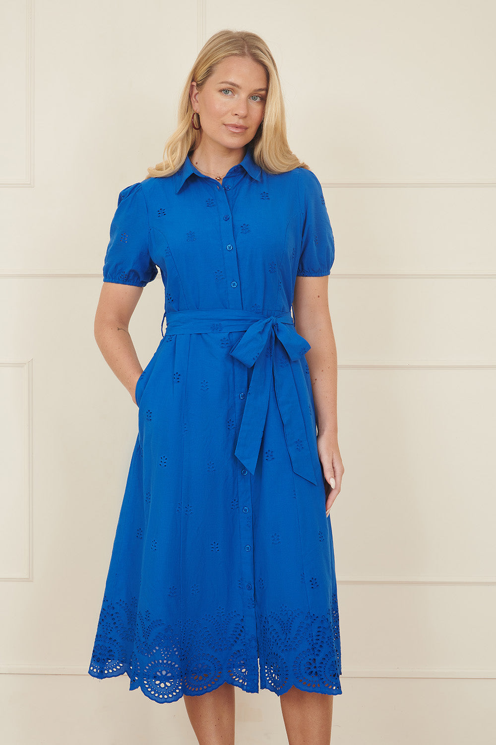 Yumi Blue Cotton Shirt Midi Dress With Cut Out Details - QHA UK