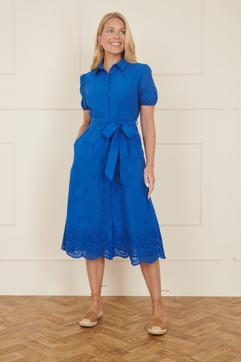 Yumi Blue Cotton Shirt Midi Dress With Cut Out Details - QHA UK