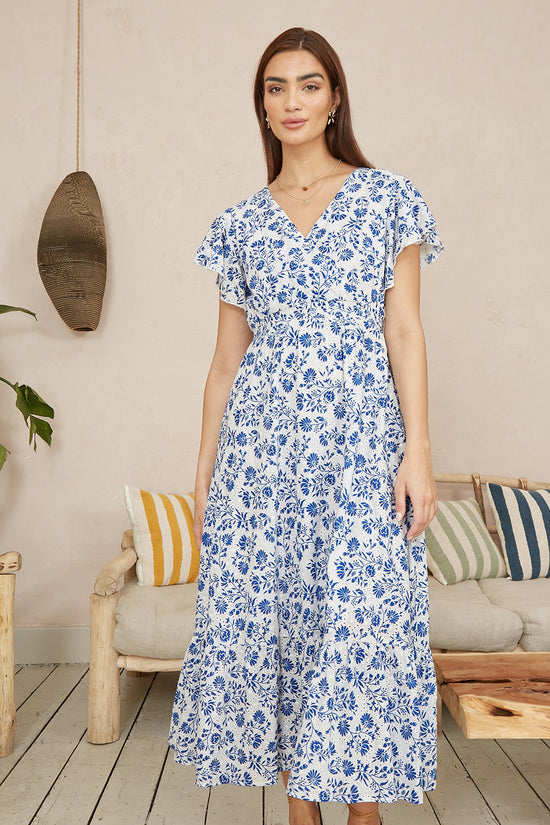 Yumi Blue Floral Printed Broderie Anglaise Ruched Waist Midi Dress - QHA UK