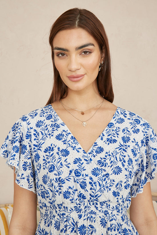 Yumi Blue Floral Printed Broderie Anglaise Ruched Waist Midi Dress - QHA UK