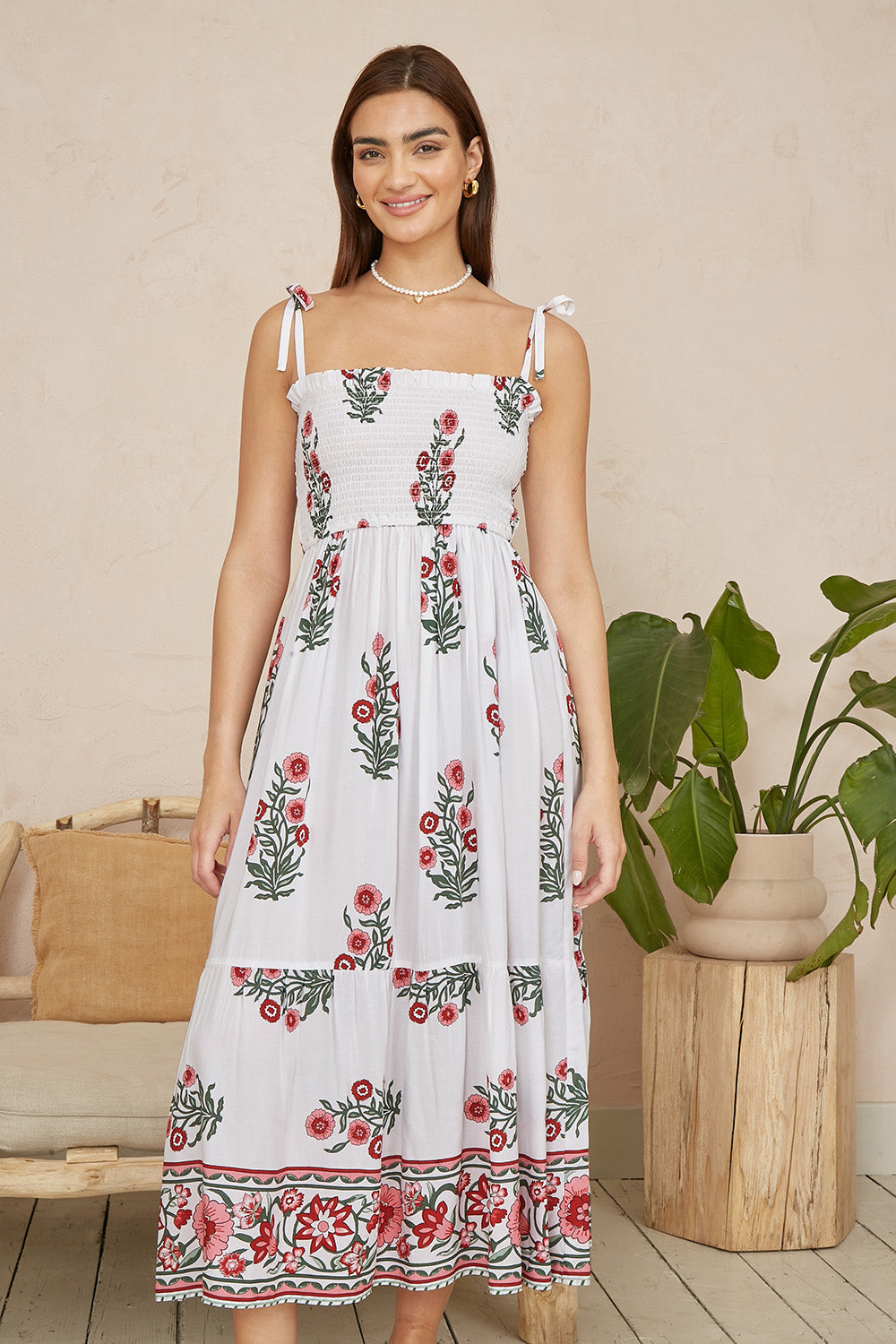 Yumi White Floral Printed Smocked Midi Dress - QHA UK