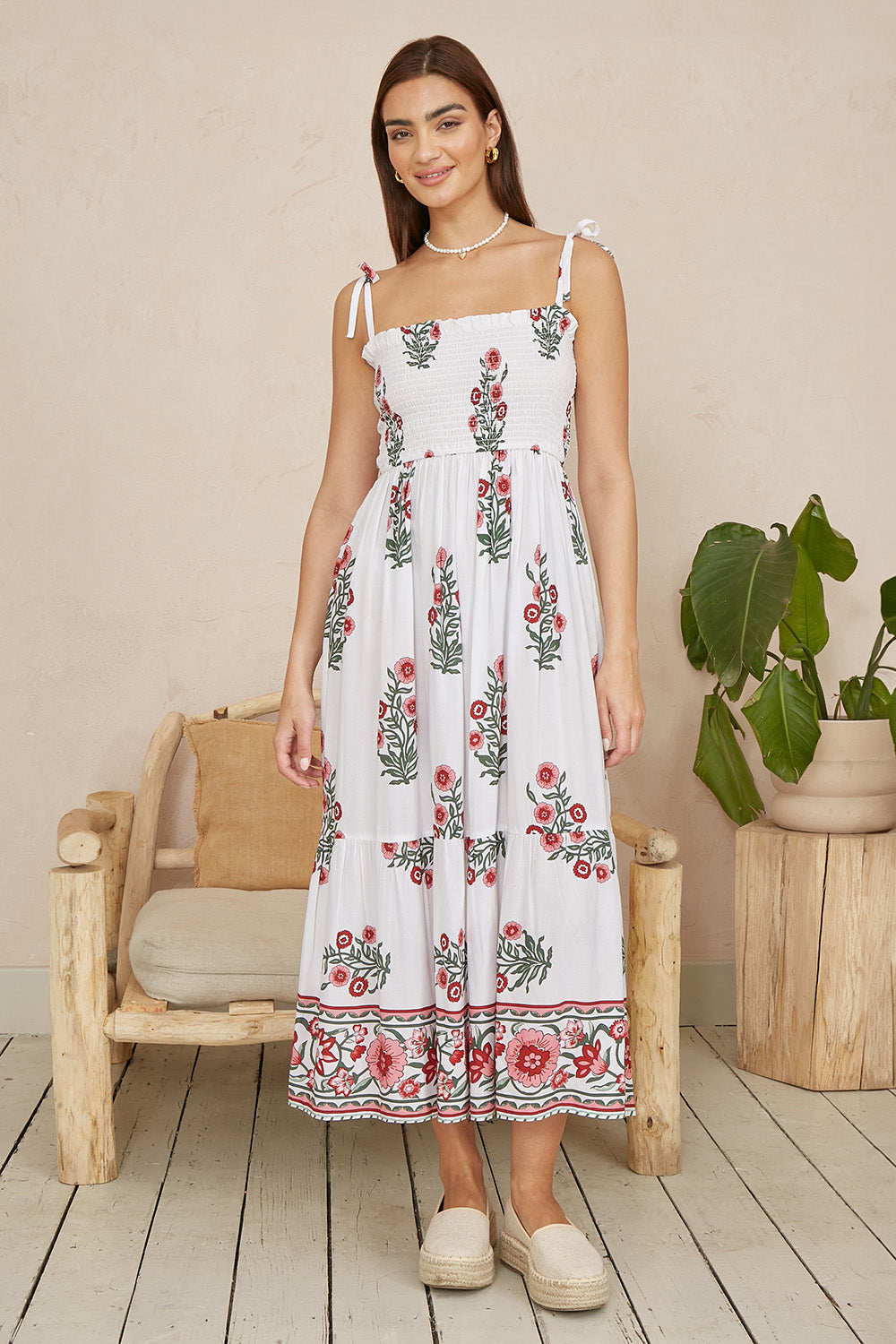 Yumi White Floral Printed Smocked Midi Dress - QHA UK