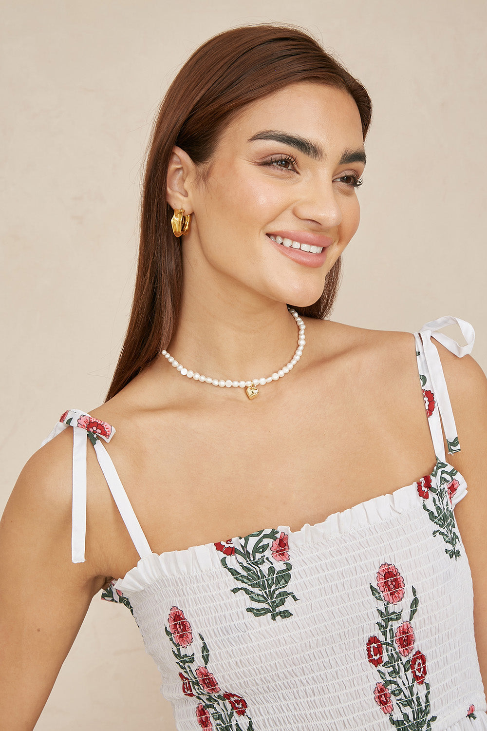 Yumi White Floral Printed Smocked Midi Dress - QHA UK