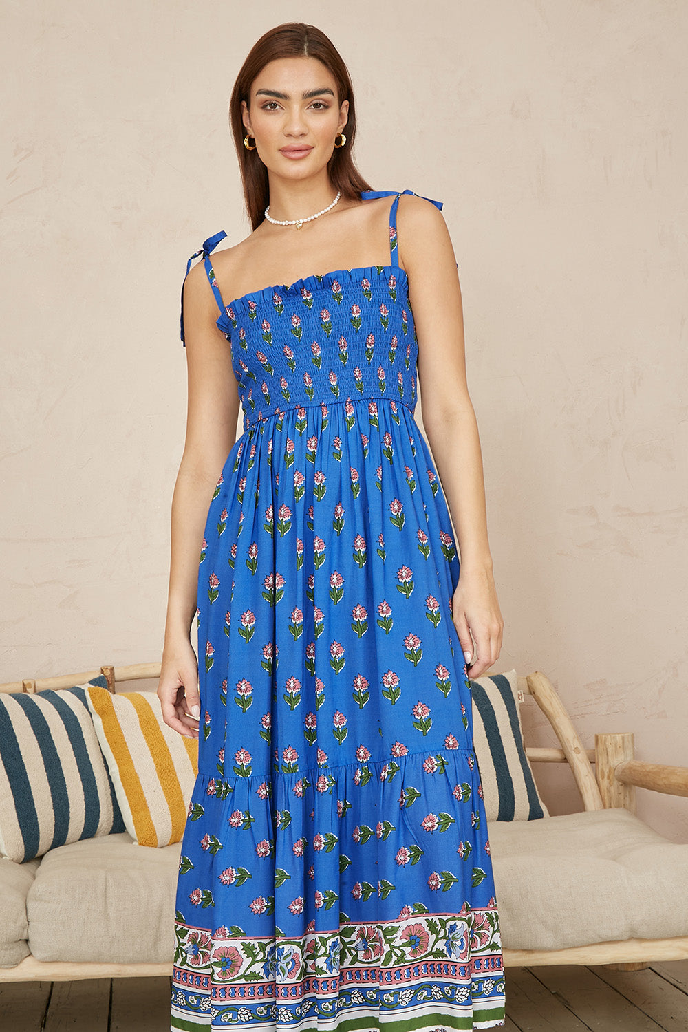 Yumi Blue Strappy Paisley Print Midi Dress With Ruched Bodice - QHA UK
