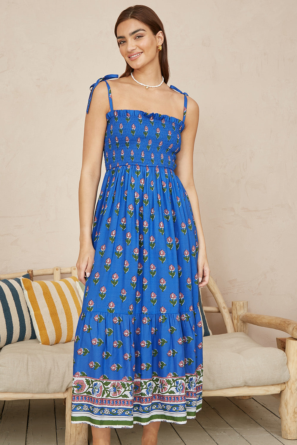 Yumi Blue Strappy Paisley Print Midi Dress With Ruched Bodice - QHA UK