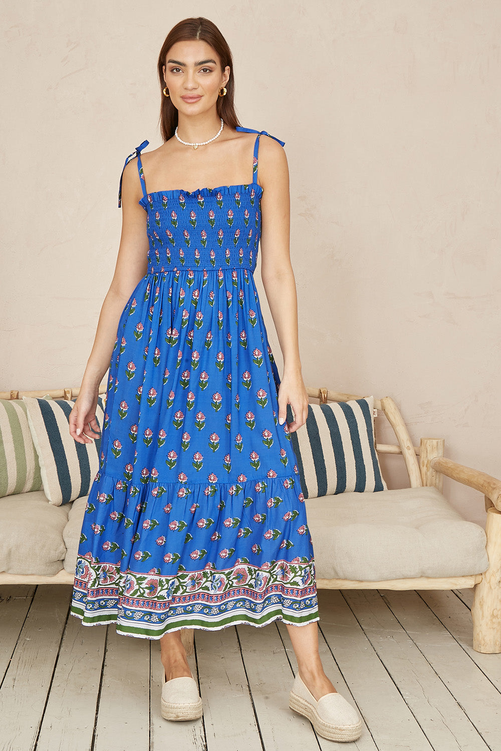 Yumi Blue Strappy Paisley Print Midi Dress With Ruched Bodice - QHA UK