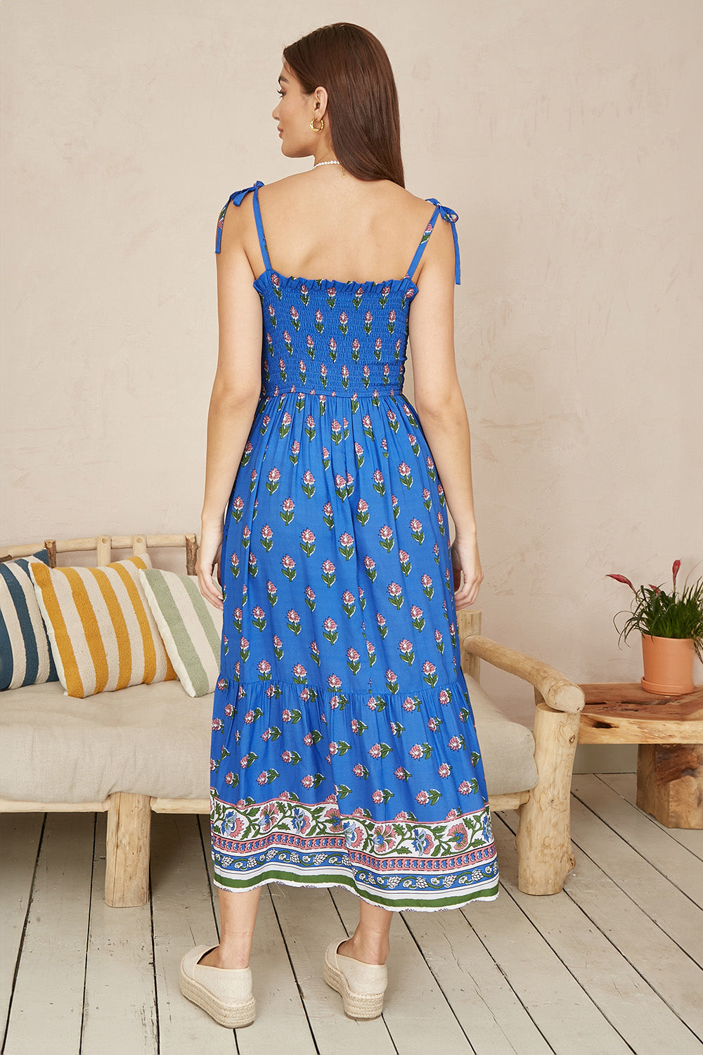 Yumi Blue Strappy Paisley Print Midi Dress With Ruched Bodice - QHA UK