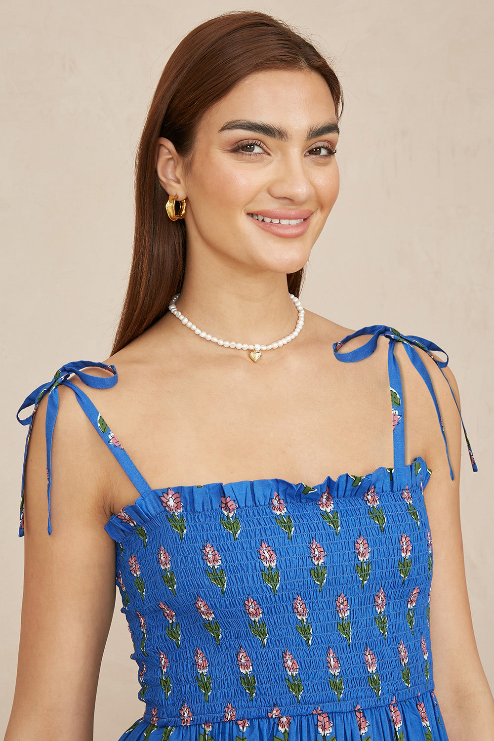 Yumi Blue Strappy Paisley Print Midi Dress With Ruched Bodice - QHA UK