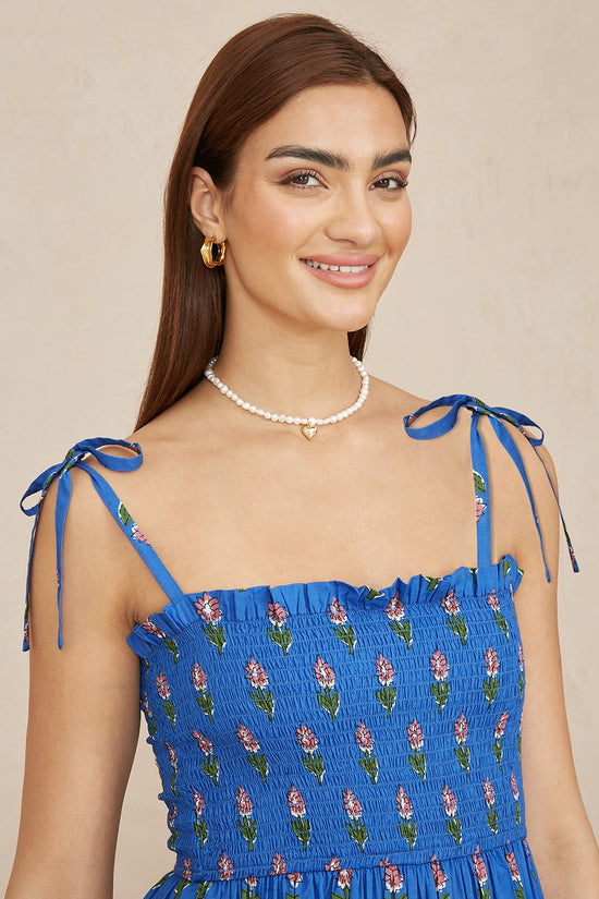 Yumi Blue Strappy Paisley Print Midi Dress With Ruched Bodice - QHA UK