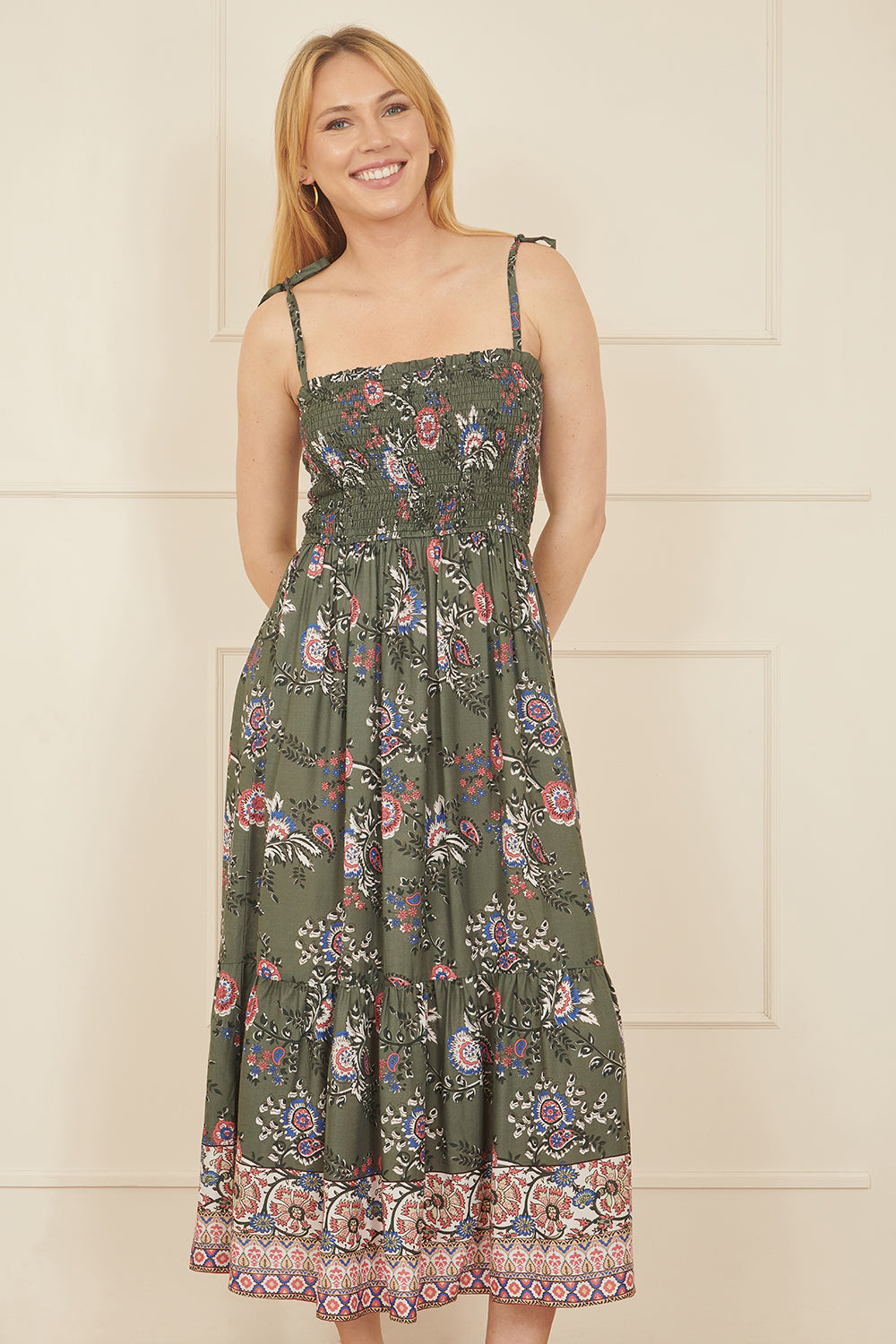 Yumi Green Strappy Paisley Print Midi Dress With Ruched Bodice - QHA UK