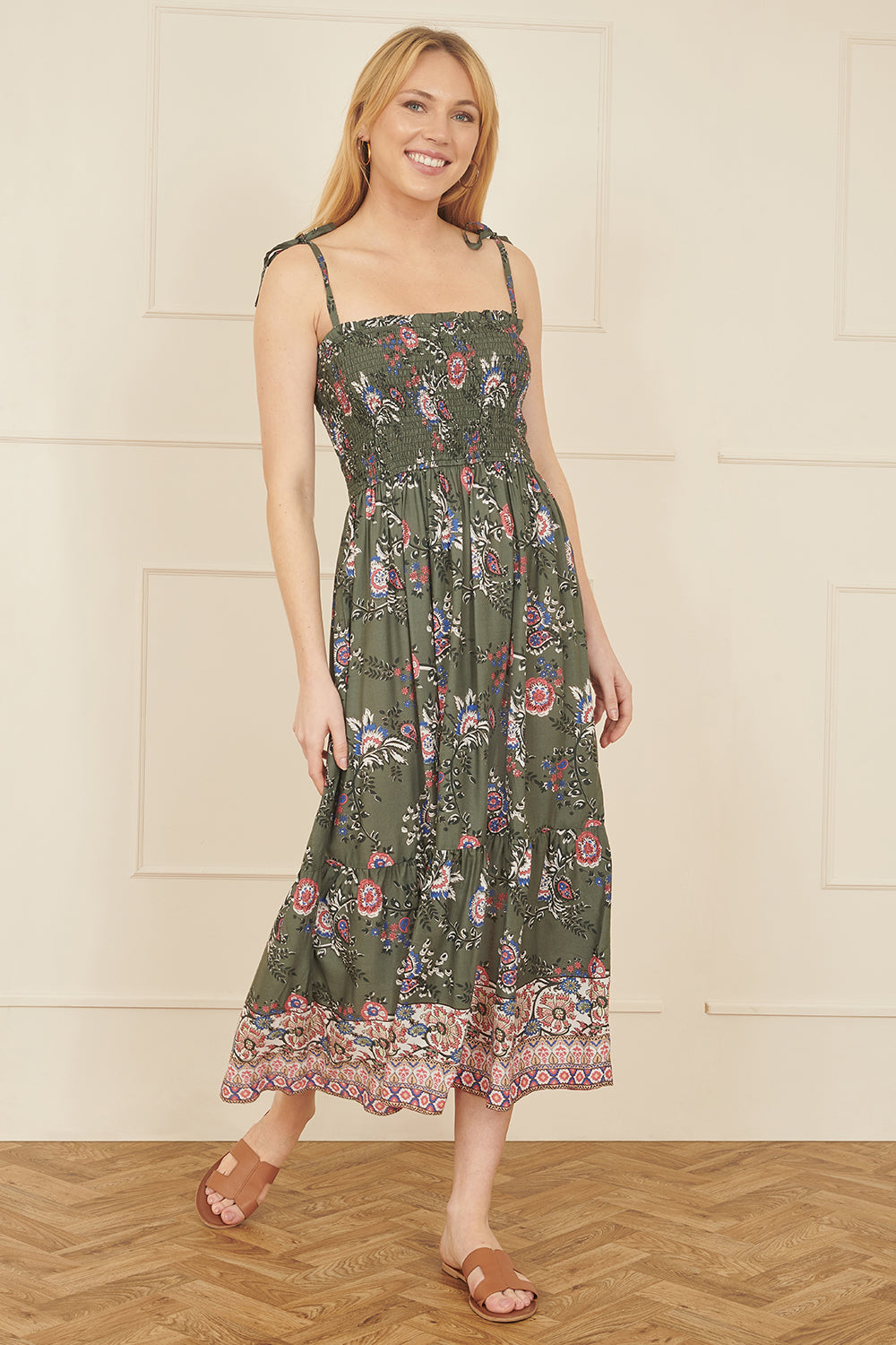 Yumi Green Strappy Paisley Print Midi Dress With Ruched Bodice - QHA UK