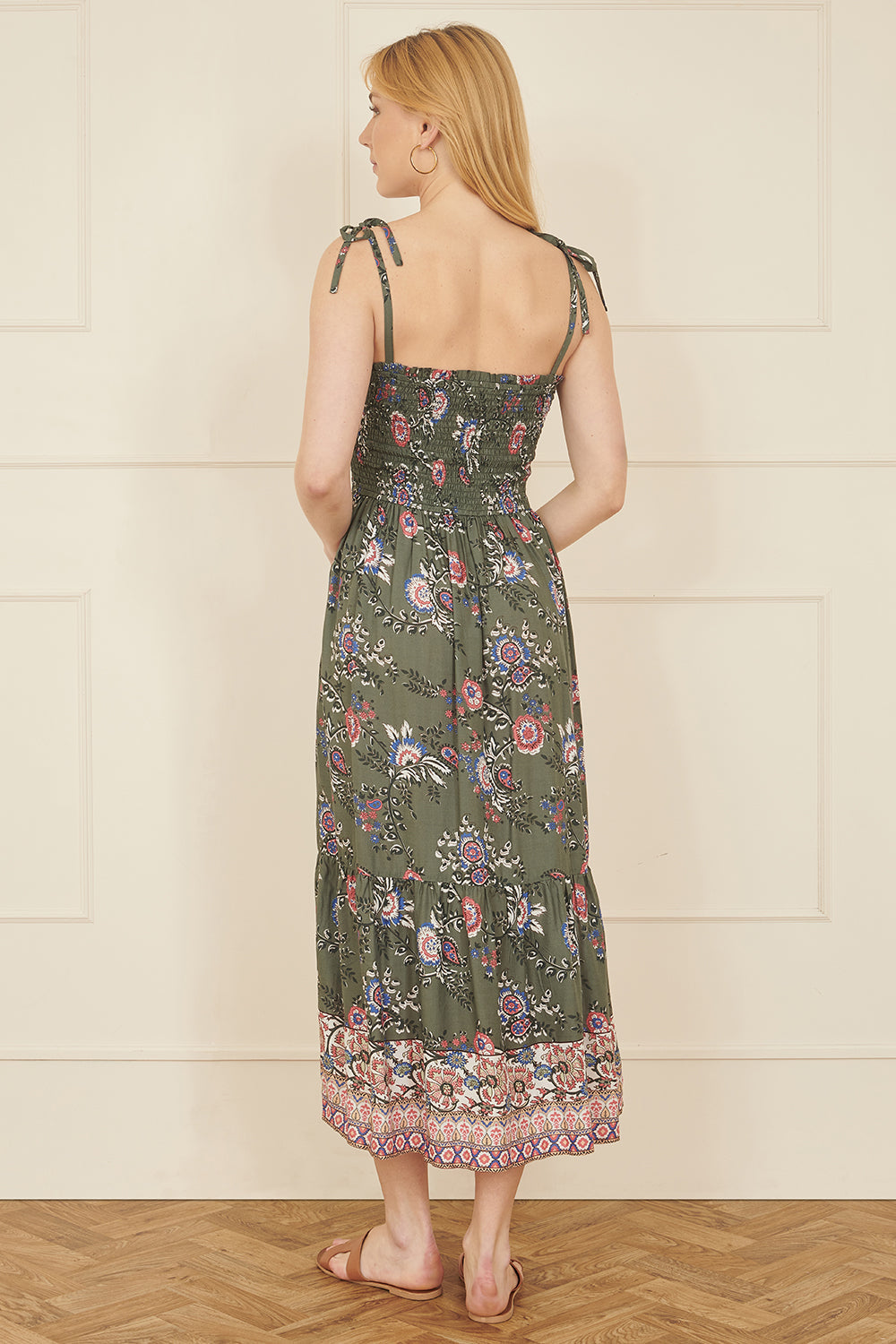 Yumi Green Strappy Paisley Print Midi Dress With Ruched Bodice - QHA UK