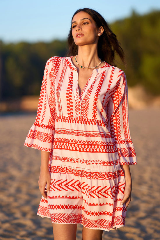 Yumi Coral Geo Stripe Print Beach Tunic - QHA UK