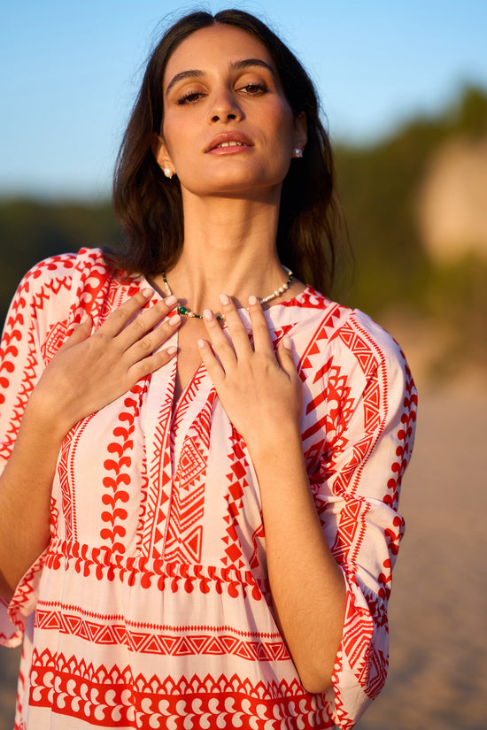 Yumi Coral Geo Stripe Print Beach Tunic - QHA UK