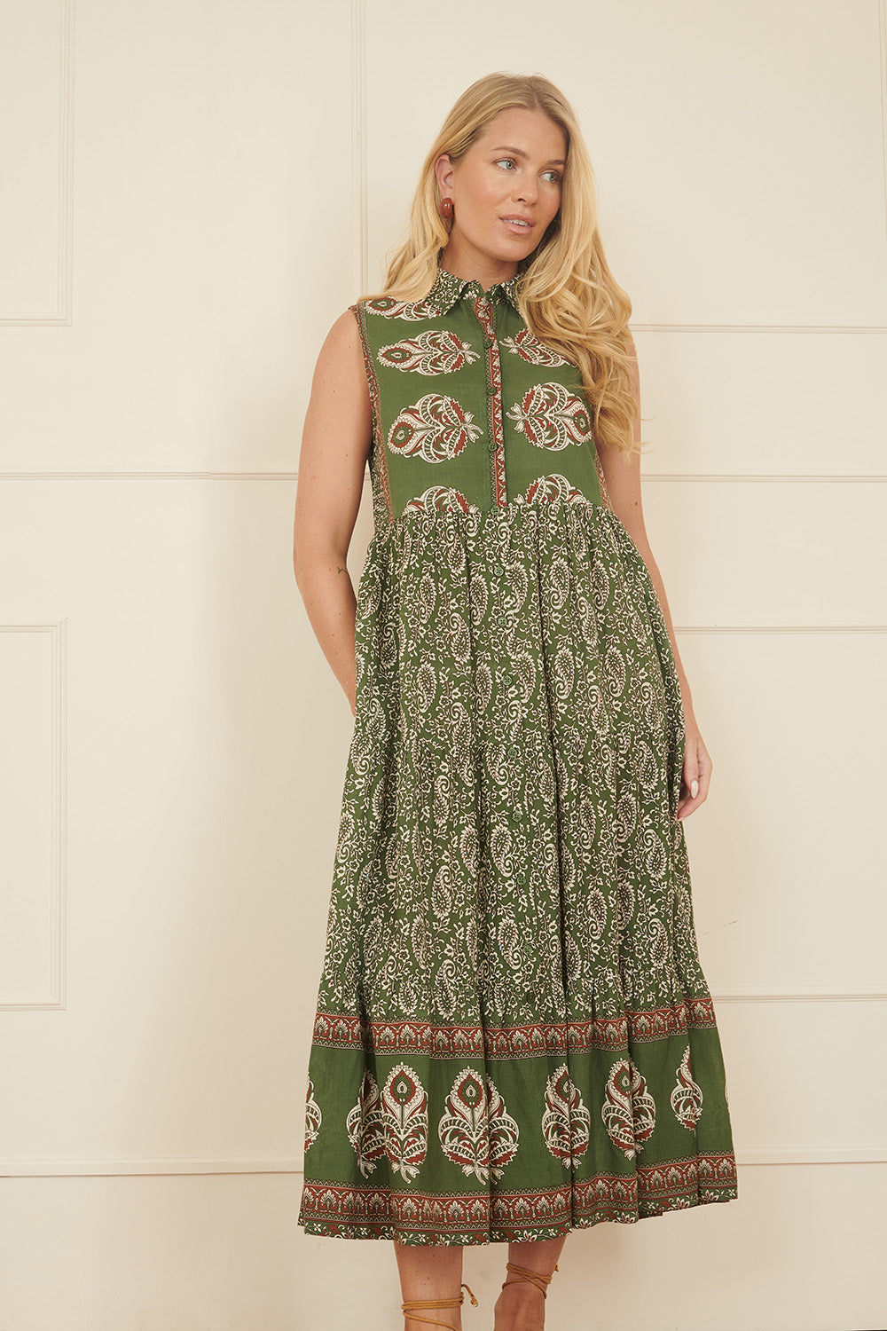 Yumi Green Cotton Paisley Midi Sleeveless Shirt Dress - QHA UK