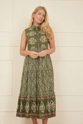 Yumi Green Cotton Paisley Midi Sleeveless Shirt Dress - QHA UK