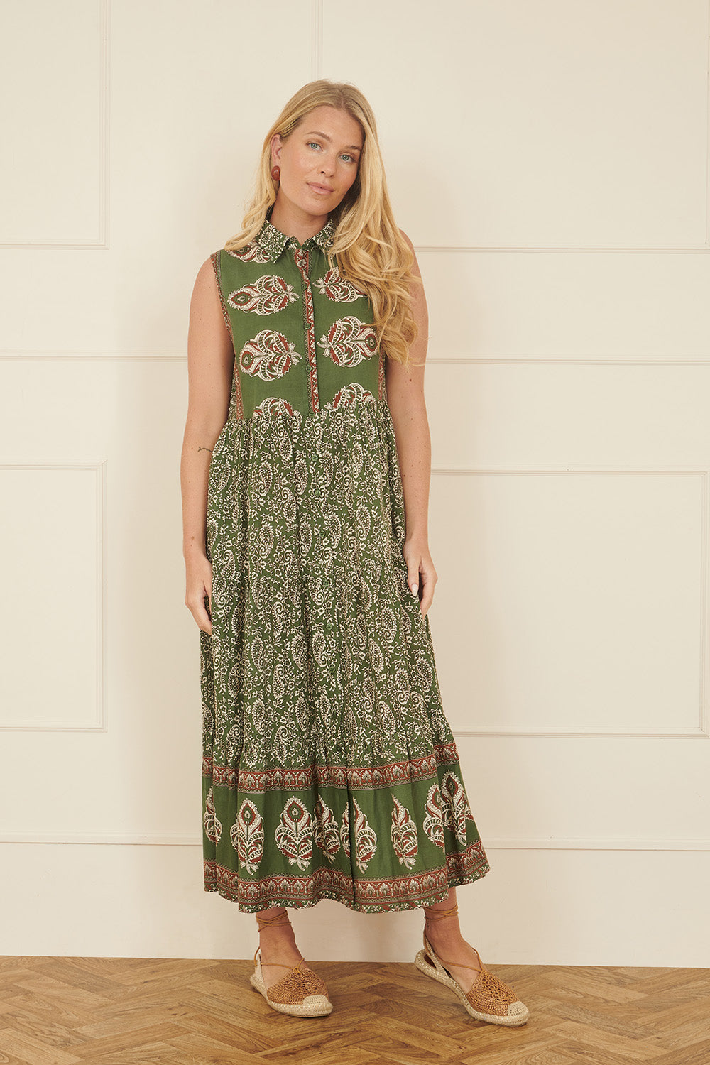 Yumi Green Cotton Paisley Midi Sleeveless Shirt Dress - QHA UK