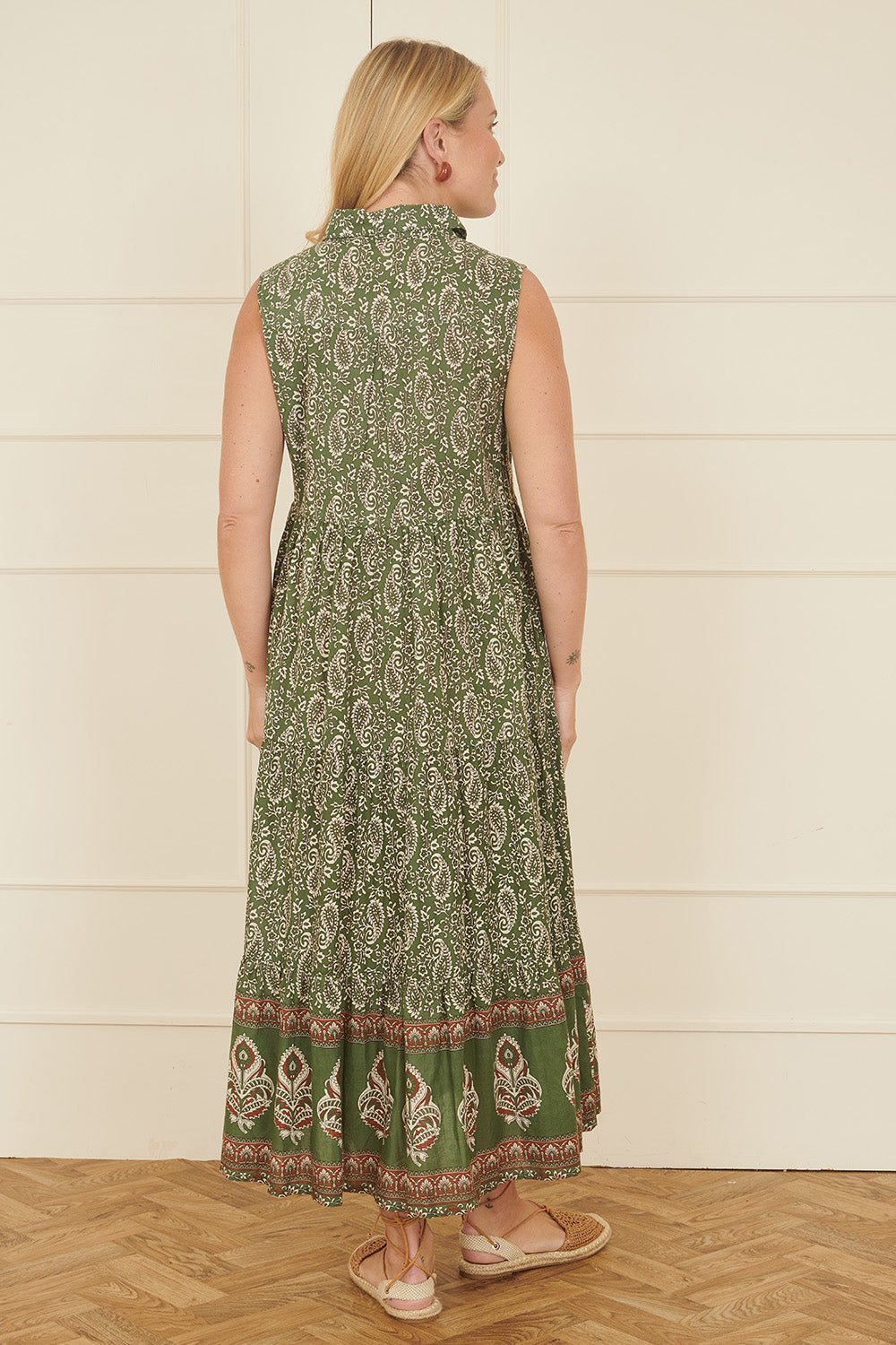 Yumi Green Cotton Paisley Midi Sleeveless Shirt Dress - QHA UK