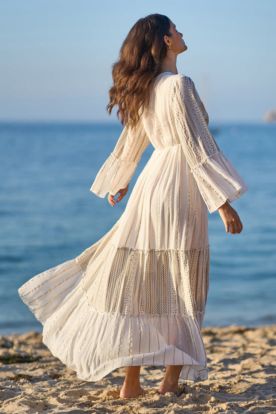 Yumi White Metallic Embellished Maxi Dress With Long Sleeves - QHA UK