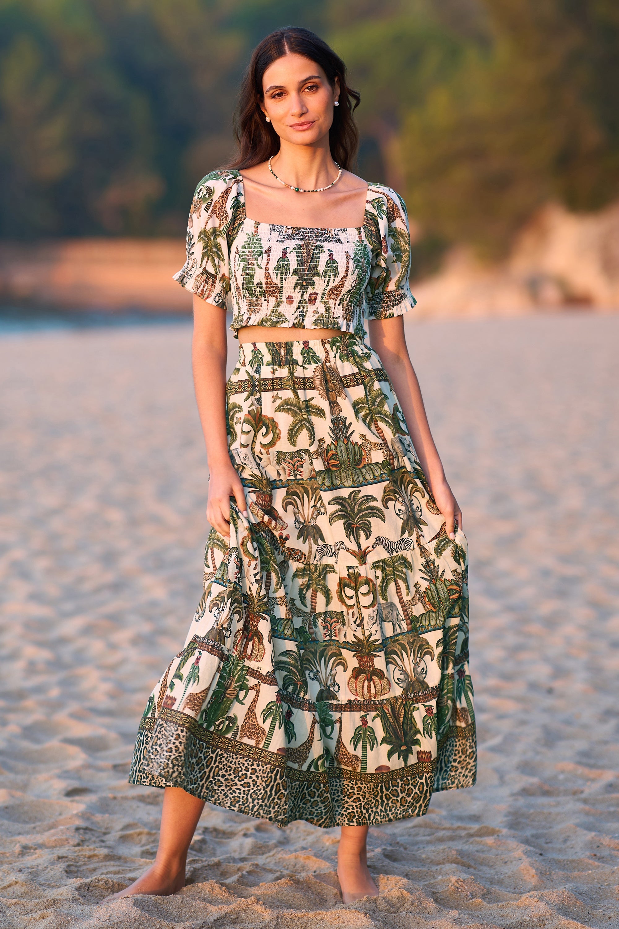 Yumi White Safari Animal Print Cotton Voile Midi Skirt Summer Holiday UK (6-18)