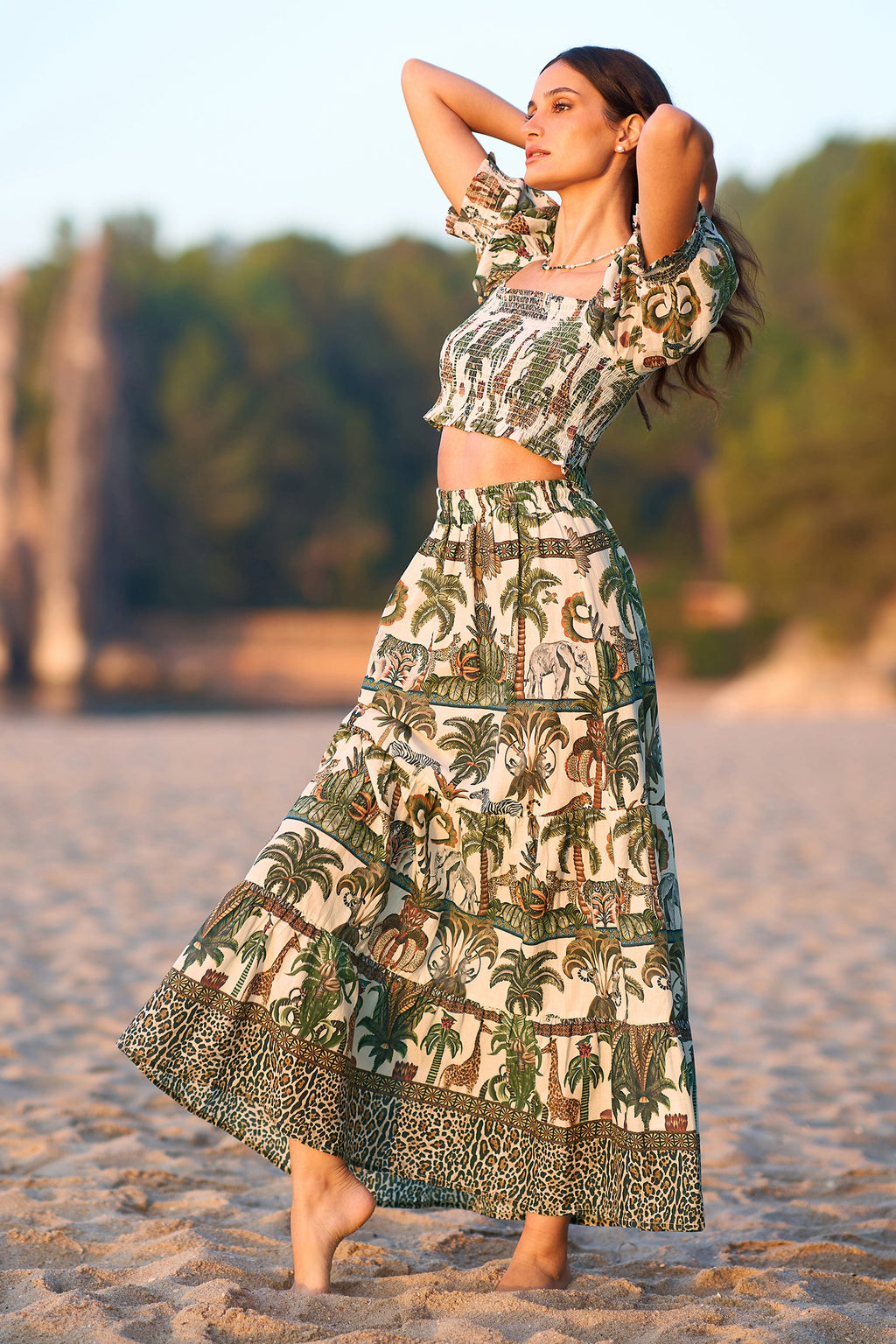 Yumi White Safari Animal Print Cotton Voile Midi Skirt Summer Holiday UK (6-18)