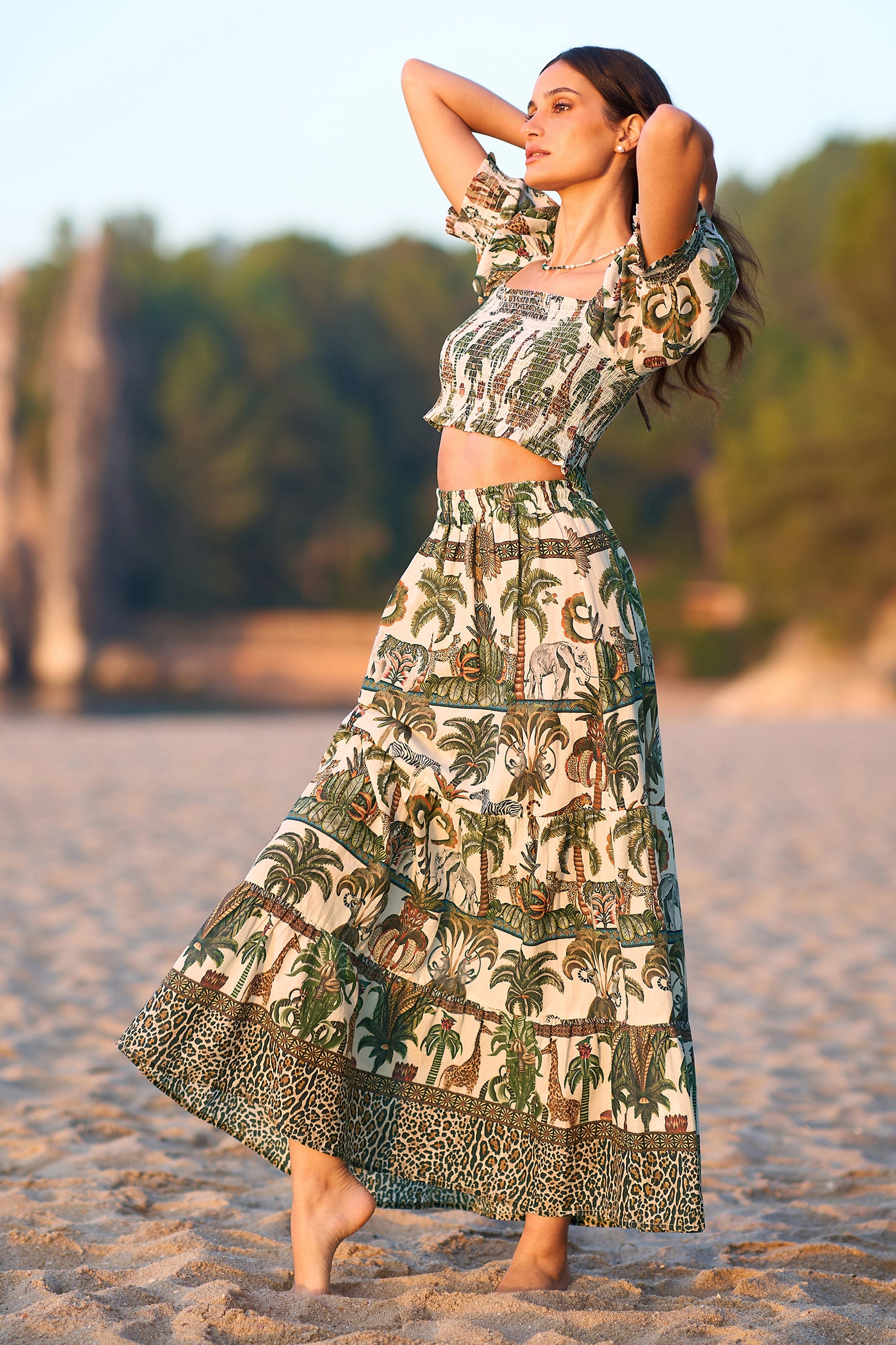 Yumi White Safari Animal Print Cotton Voile Midi Skirt Summer Holiday UK (6-18)