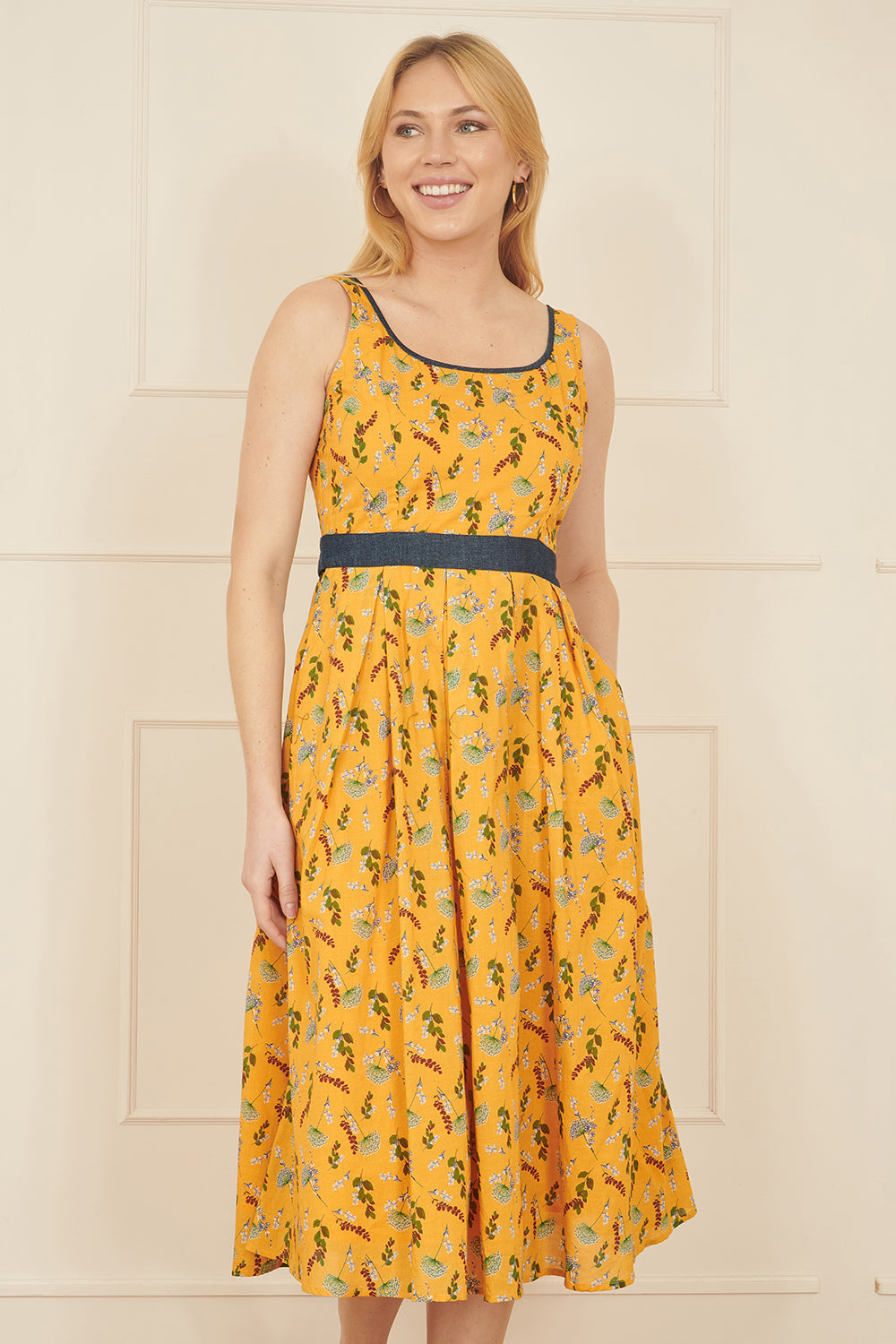 Yumi Mustard Floral Skater Dress With Denim Trims - QHA UK