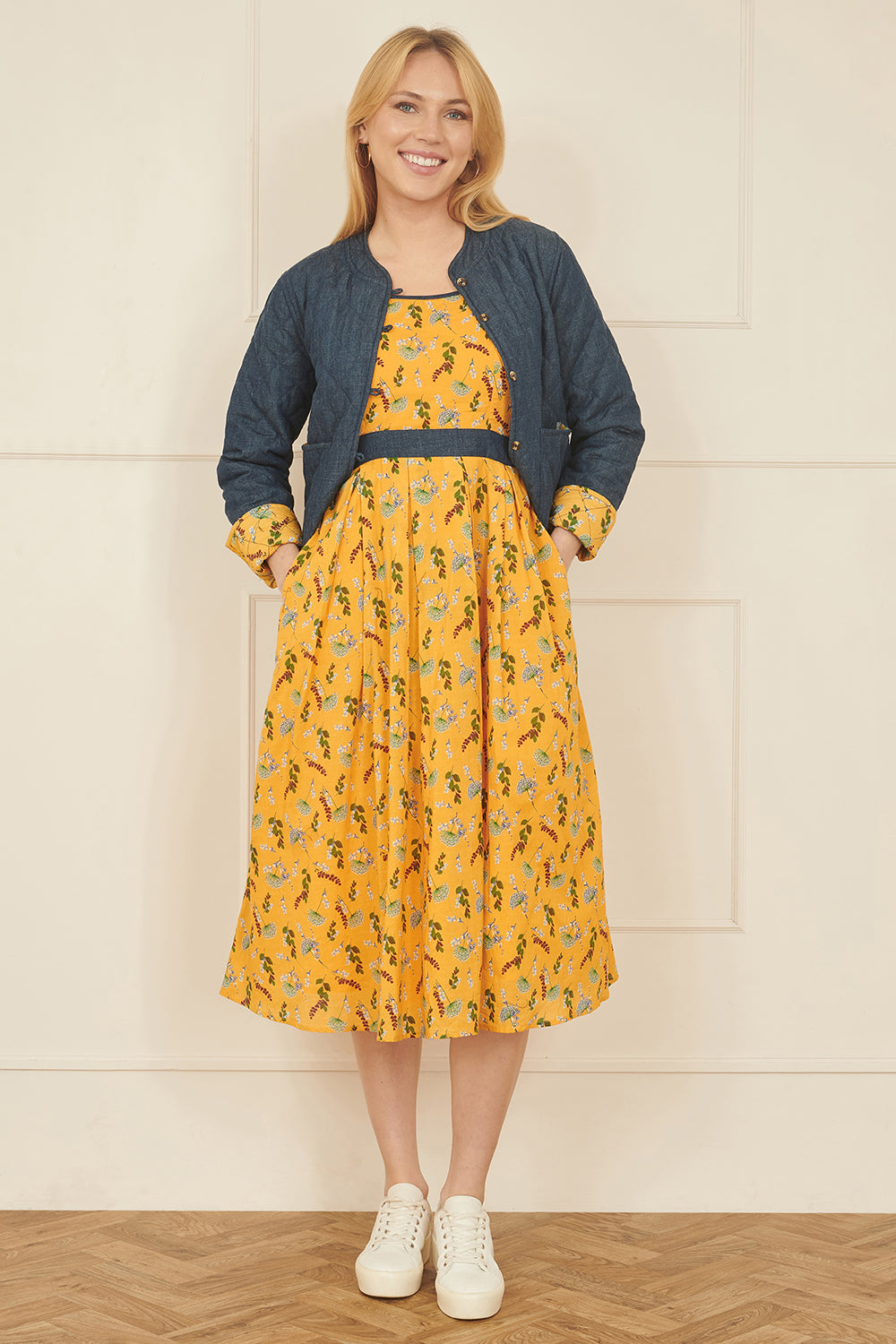 Yumi Mustard Floral Skater Dress With Denim Trims - QHA UK