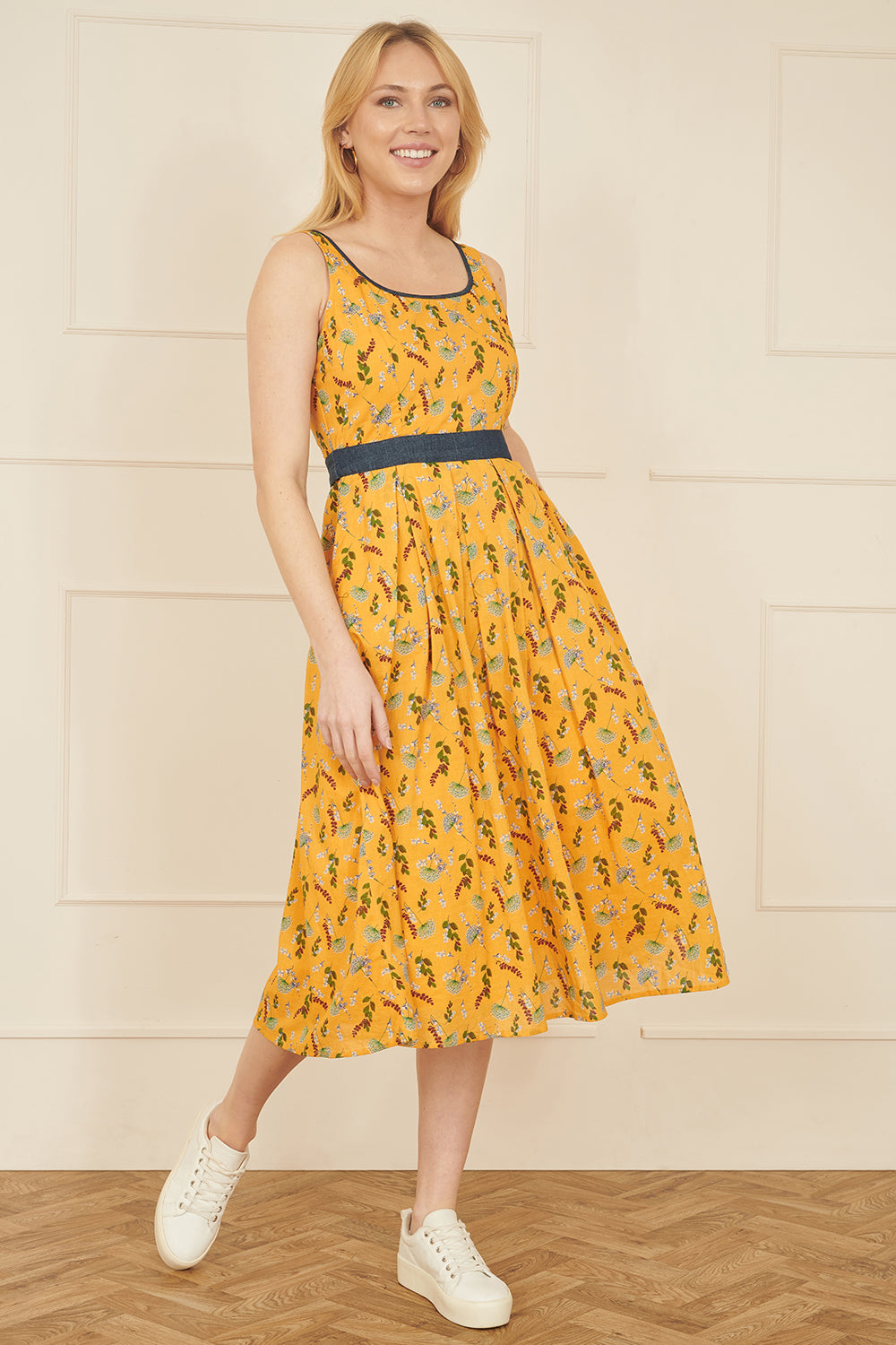 Yumi Mustard Floral Skater Dress With Denim Trims - QHA UK