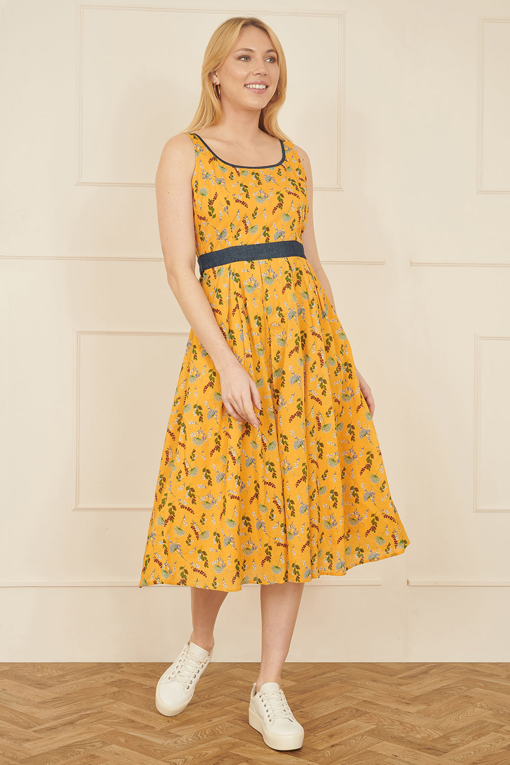 Yumi Mustard Floral Skater Dress With Denim Trims - QHA UK