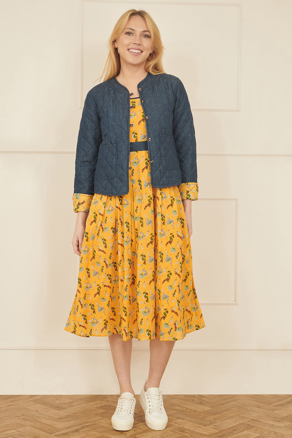 Yumi Mustard Floral Skater Dress With Denim Trims - QHA UK