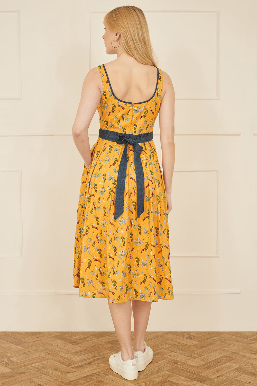 Yumi Mustard Floral Skater Dress With Denim Trims - QHA UK