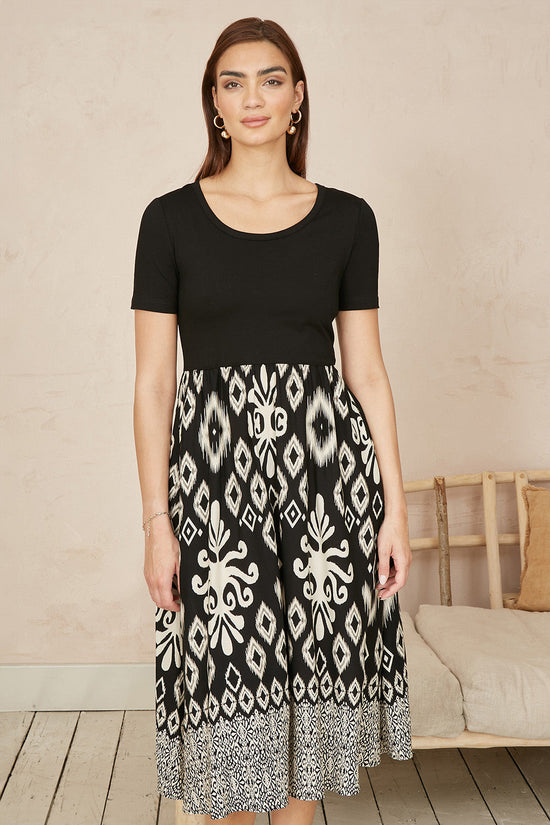 Yumi Black Jersey Stretch Top And Ikat Skirt Midi Dress - QHA UK