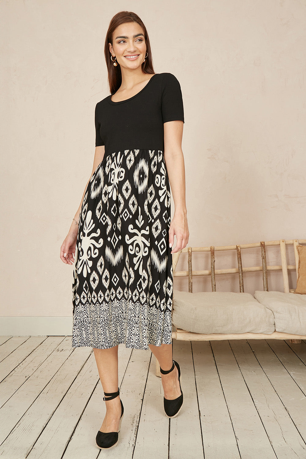 Yumi Black Jersey Stretch Top And Ikat Skirt Midi Dress - QHA UK