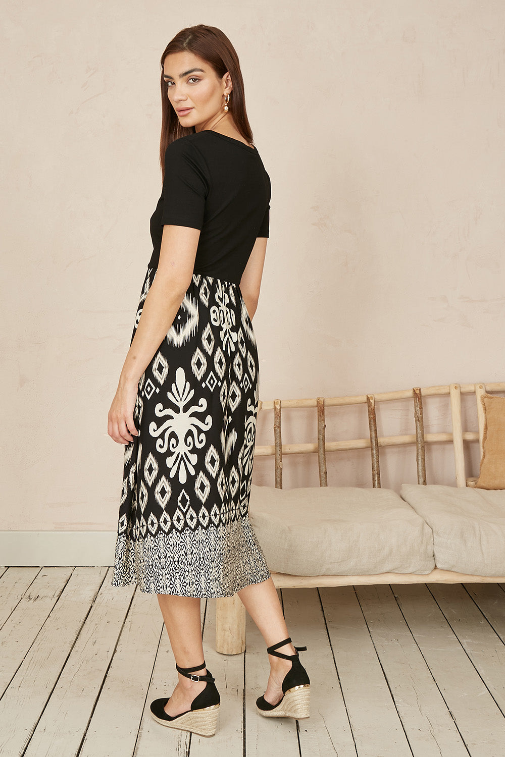 Yumi Black Jersey Stretch Top And Ikat Skirt Midi Dress - QHA UK