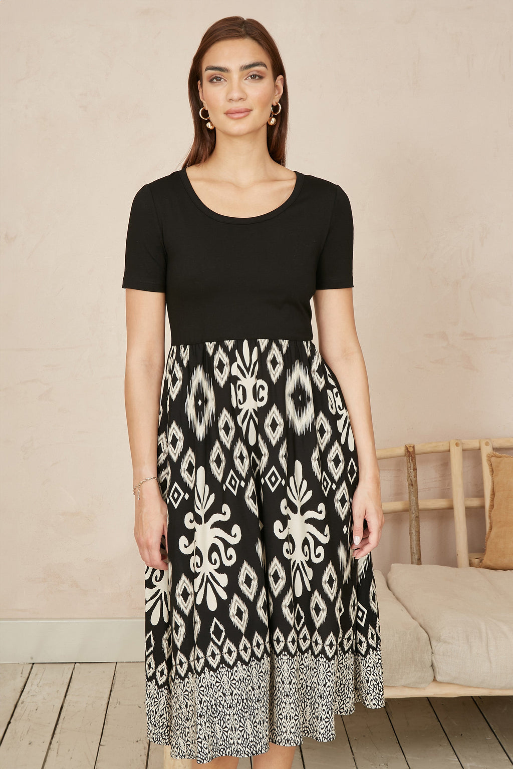 Yumi Black Jersey Stretch Top And Ikat Skirt Midi Dress - QHA UK