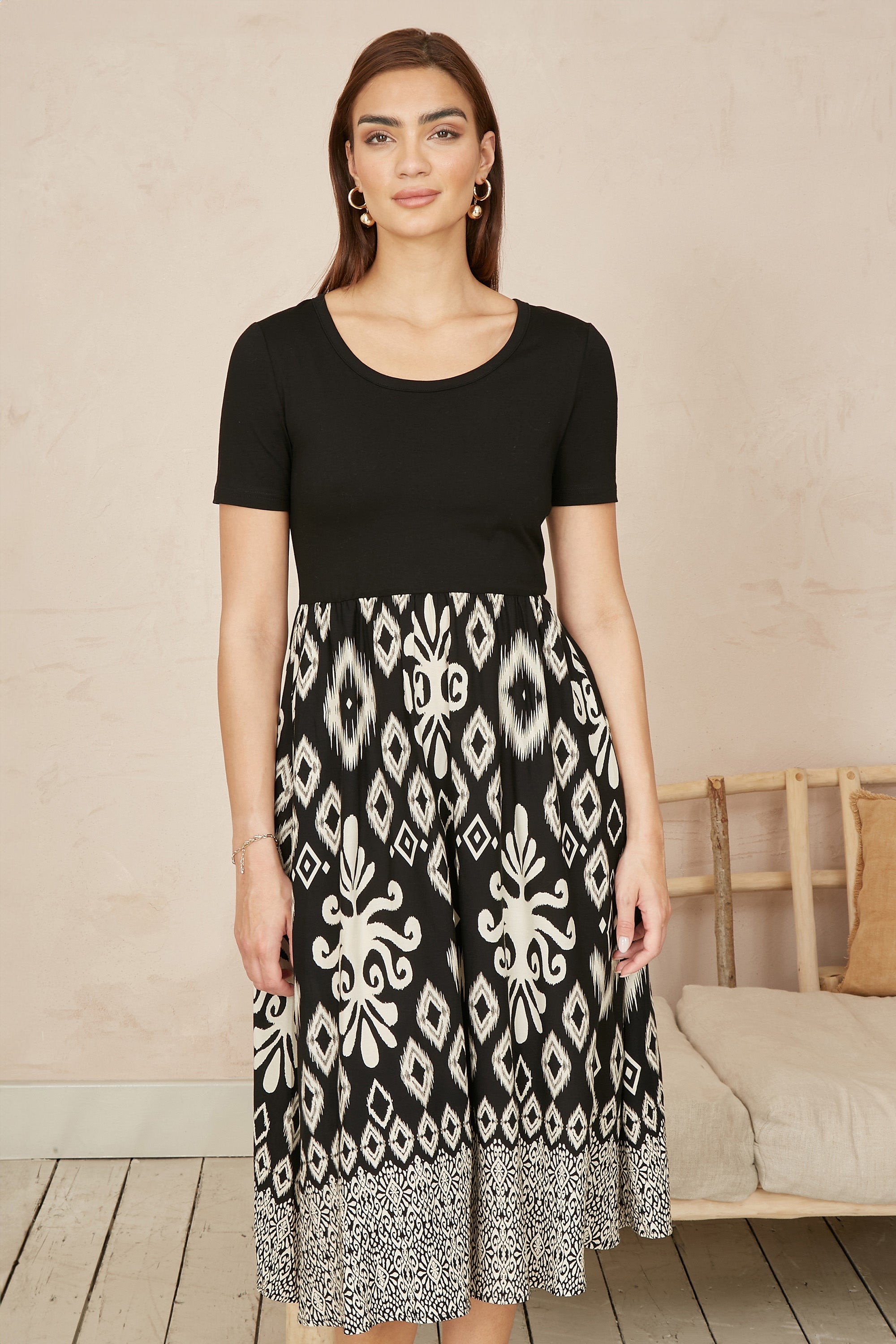 Yumi Black Jersey Stretch Top And Ikat Skirt Midi Dress - QHA UK