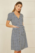 Yumi Navy Geo Print Retro Style Shirt Dress - QHA UK