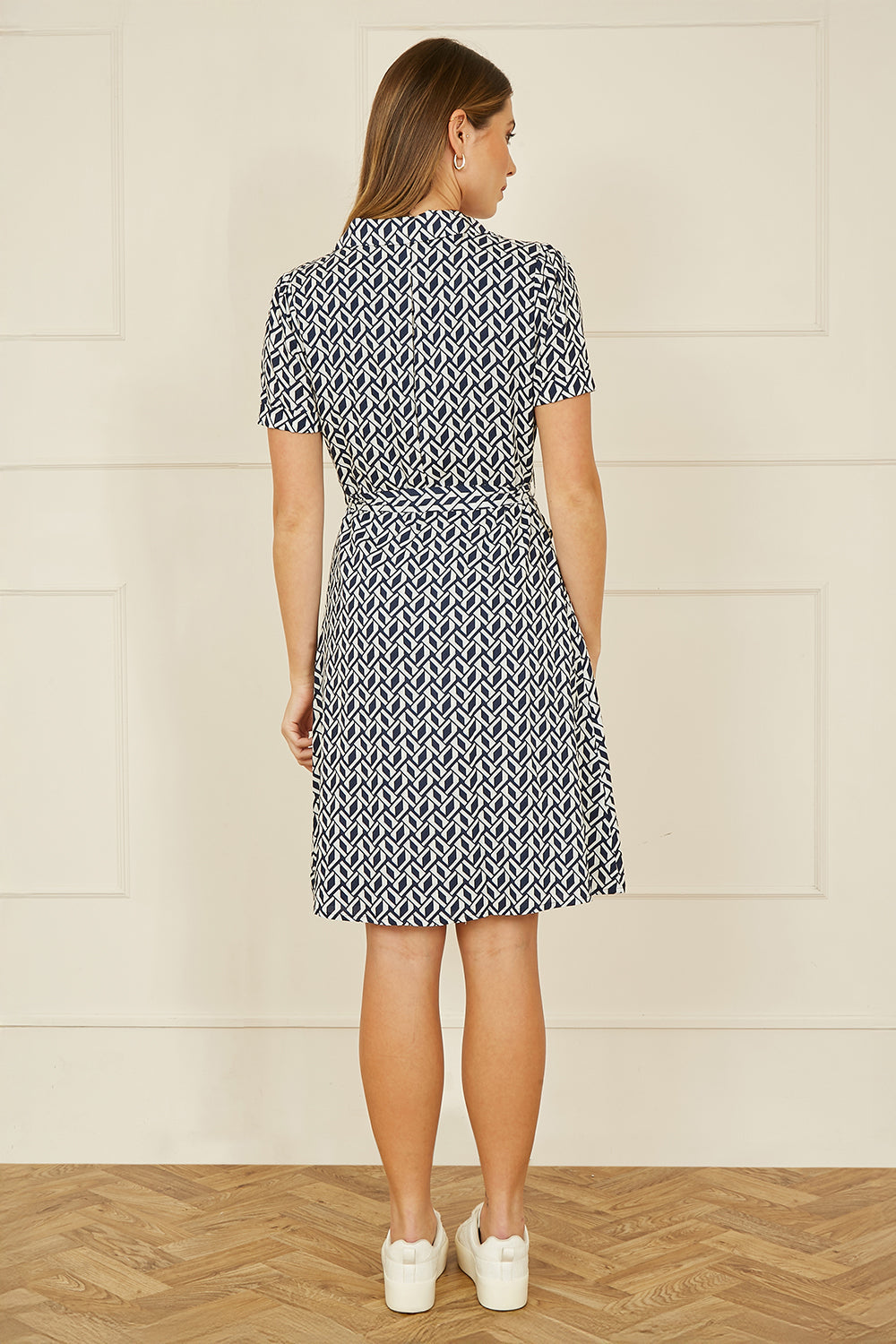 Yumi Navy Geo Print Retro Style Shirt Dress - QHA UK