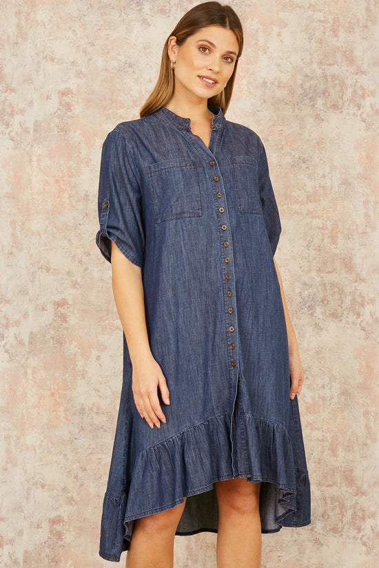 Yumi Blue Chambray Denim Dip Hem Relaxed Fit Shirt Dress - QHA UK