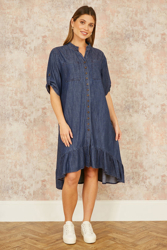 Yumi Blue Chambray Denim Dip Hem Relaxed Fit Shirt Dress - QHA UK