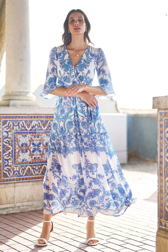 Yumi Blue Paisley Wrap Maxi Dress With 3/4 Sleeve - QHA UK