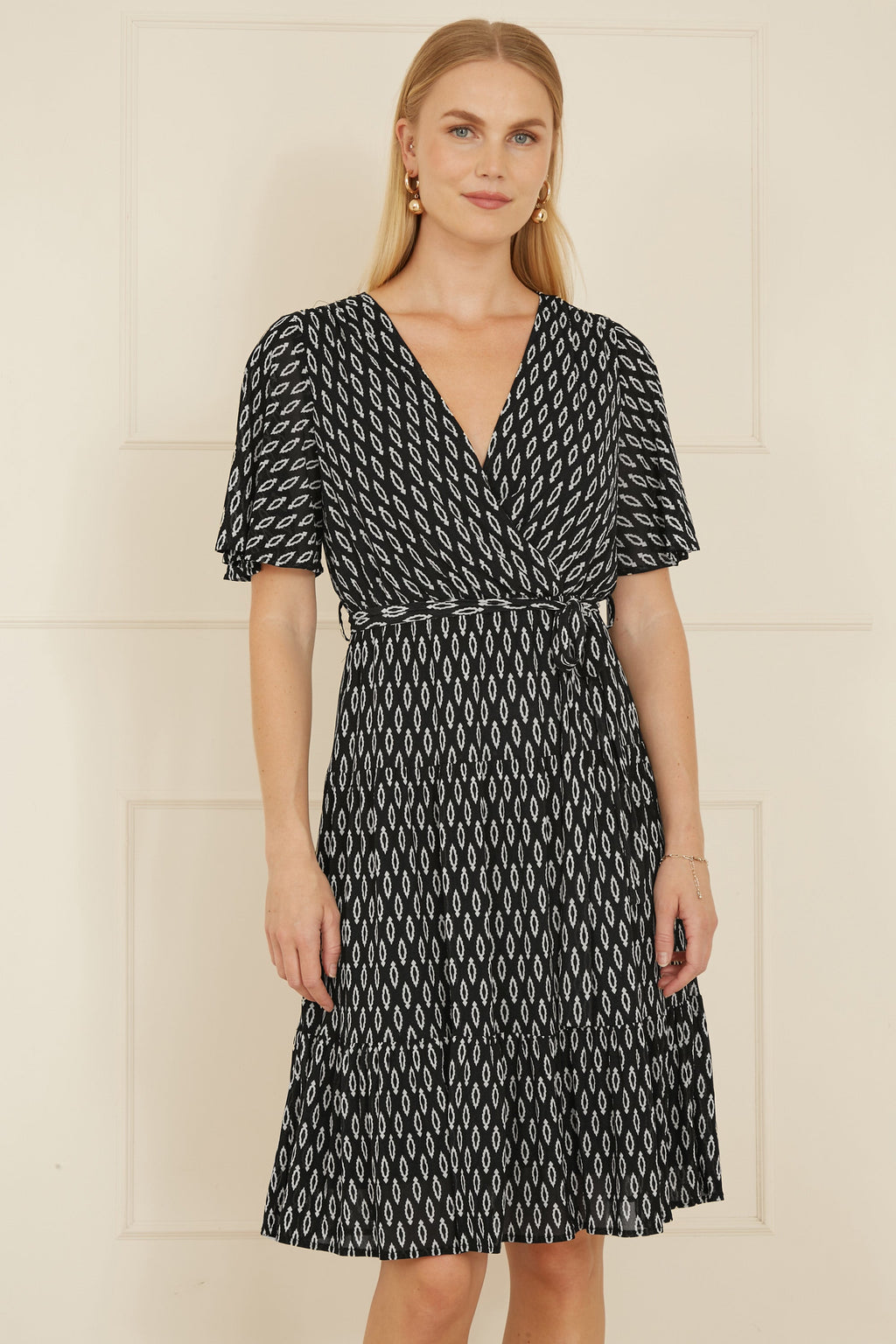 Yumi Black Geo Print Mesh Stretch Midi Skater Dress - QHA UK