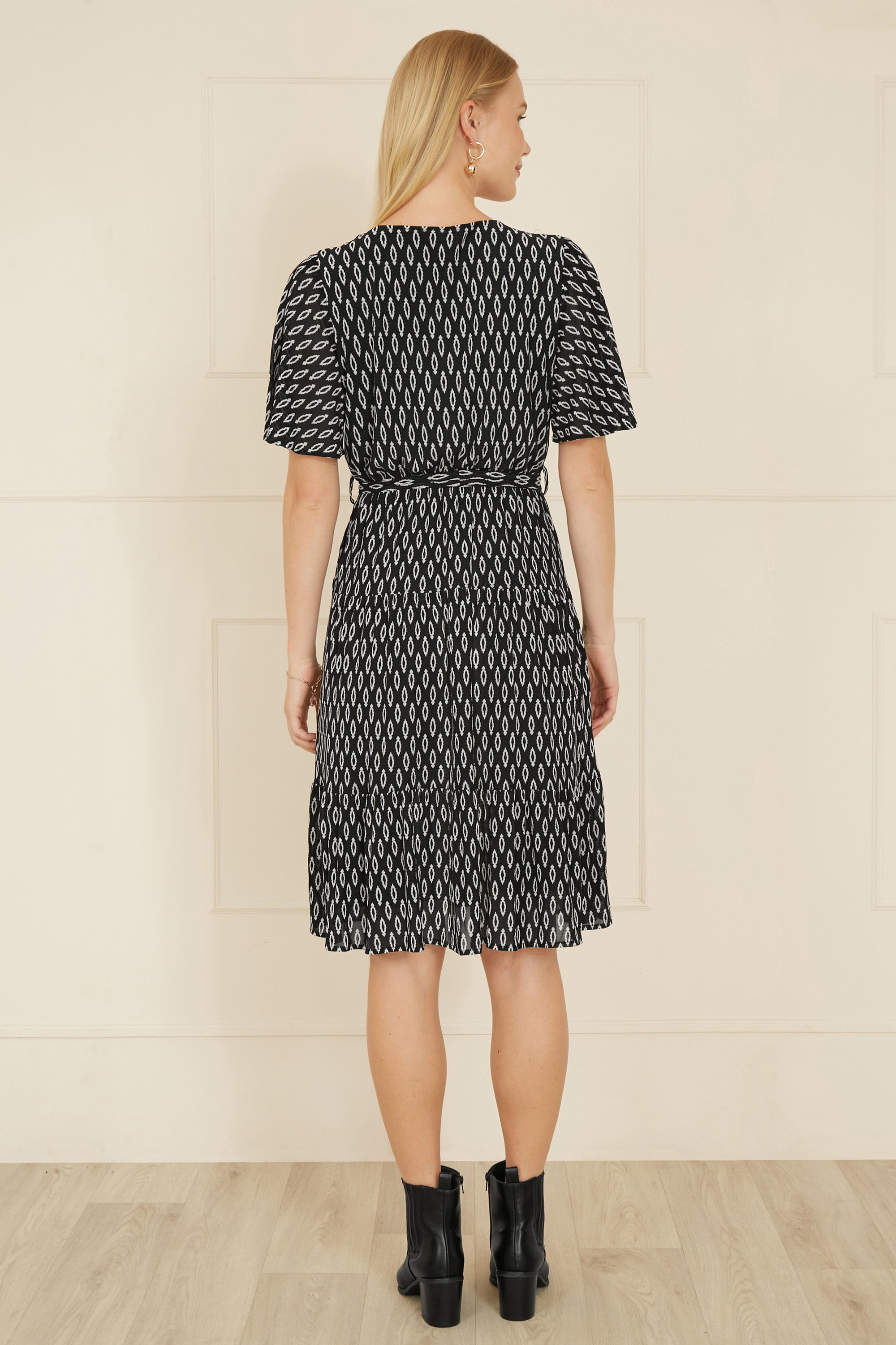 Yumi Black Geo Print Mesh Stretch Midi Skater Dress - QHA UK